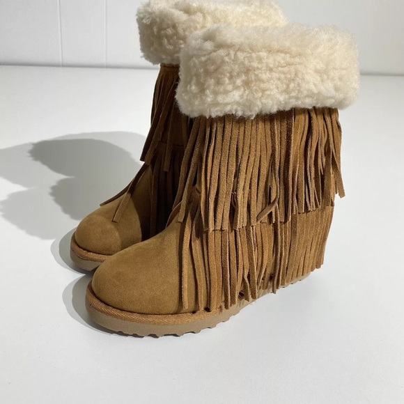 Madden Girl Brown Cognac Faux Fur Sleet Fringe Wedge Platform Boots - Picture 5 of 5
